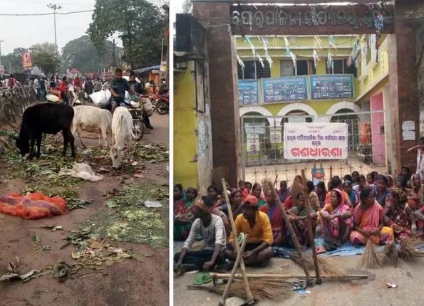 ଏପଟେ ଆବର୍ଜନା, ସେପଟେ ଧର୍ମଘଟ। (ଫଟୋ: ହରିହର, ଭଦ୍ରକ)