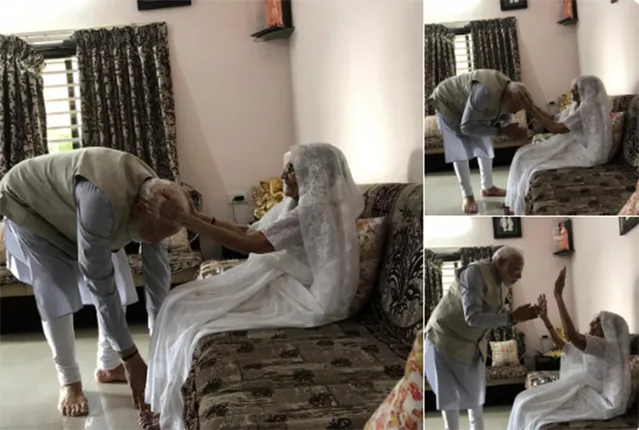 ଭୋଟ୍‌ ଦେବା ପୂର୍ବରୁ ମାଆଙ୍କ ଚରଣ ଛୁଇଁ ଆଶୀର୍ବାଦ ନେଲେ ପ୍ରଧାନମନ୍ତ୍ରୀ ମୋଦୀ