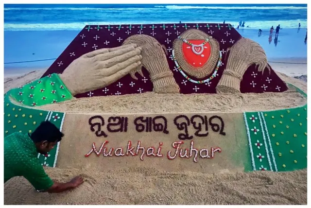 ପୁରୀ ବେଳାଭୂମିରେ ନୂଆଁଖାଇକୁ ନେଇ ବାଲୁକା କଳା