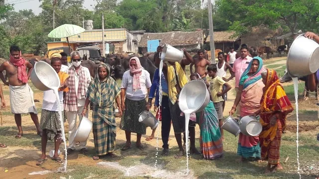 ଗାଁଠୁ ସହର ଲକ୍‌ଡାଉନ : କ୍ଷୀର ଢାଳି ଦୁଗ୍ଧ ଚାଷୀଙ୍କ ପ୍ରତିବାଦ