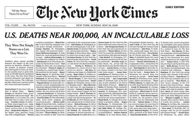 ଚର୍ଚ୍ଚାରେ 'ଦି ନ୍ୟୁୟର୍କ ଟାଇମ୍ସ': ପ୍ରଥମ ପୃଷ୍ଠାରେ ଛପା ଗଲା ମୃତ୍ୟୁବରଣ କରିଥିବା ୧.୦୦୦ କରୋନା ଆକ୍ରାନ୍ତଙ୍କ ନାମ ଏବଂ ବ୍ୟକ୍ତିଗତ ବିବରଣୀ