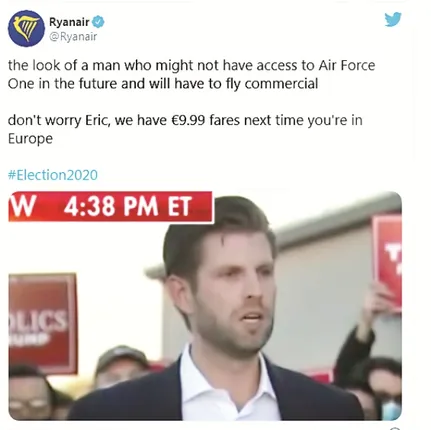 ଟ୍ରମ୍ପଙ୍କ ପୁଅଙ୍କୁ ଟ୍ବିଟରରେ ଥଟ୍ଟା : ଶସ୍ତା ବିମାନ ଟିକଟ ଯାଚିଲା ‌ରାଏନେୟାର ଏୟାରଲାଇନ୍‌