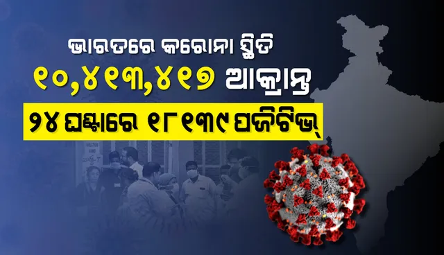 ୨୪ ଘଣ୍ଟାରେ ଚିହ୍ନଟ ହୋଇଥିବା ୧୮, ୧୩୯ ଆକ୍ରାନ୍ତଙ୍କ ସହ ଦେଶରେ କୋଭିଡ୍‌-୧୯ ସଂକ୍ରମିତସଂଖ୍ୟା ୧.୦୪ କୋଟି ଟପିଲା