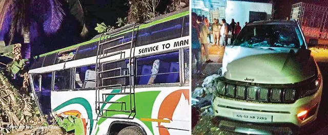 କାର୍‌କୁ ଧକ୍କା ଦେଇ ଗଛରେ ପିଟି ହେଲା ବରଯାତ୍ରୀ ବସ୍‌, ୧୫ ଆହତ