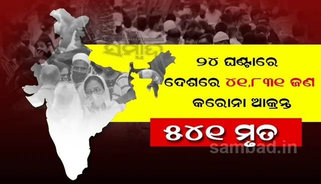 ୨୪ ଘଣ୍ଟା ମଧ୍ୟରେ ଦେଶରେ ୪୧,୮୩୧ ନୂଆ କୋଭିଡ୍‌-୧୯ ସଂକ୍ରମିତ ଚିହ୍ନଟ, ମୃତ୍ୟୁସଂଖ୍ୟା ୫୪୧