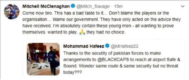 ପାକିସ୍ତାନ ଓ ନ୍ୟୁଜିଲାଣ୍ଡ୍‌ ଶୃଙ୍ଖଳା ବାତିଲ ନେଇ ମିଚେଲ୍‌-ହାଫିଜ୍‌ ଟ୍ବିଟର୍‌ ଯୁଦ୍ଧ