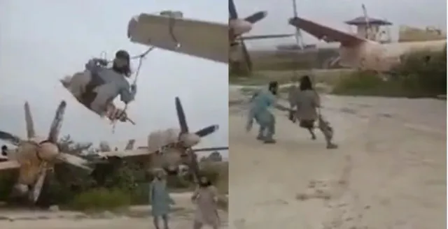 ବିମାନ ଡେଣାରେ ଦୋଳି ବାନ୍ଧି ଖୁବ ଖୁସିରେ ଝୁଲୁଛନ୍ତି ତାଲିବାନୀ