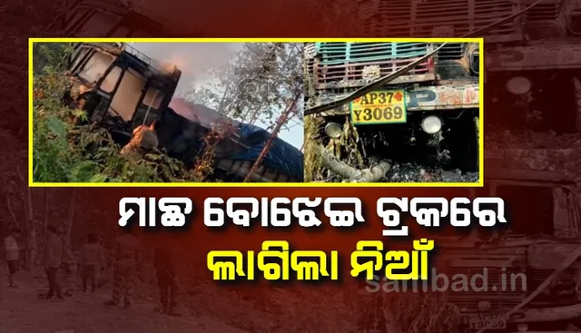 ଚଳନ୍ତା ମାଛ ବୋଝେଇ ଟ୍ରକରେ ଲାଗିଲା ନିଆଁ; ଅଳ୍ପକେ ବର୍ତ୍ତିଲେ ଡ୍ରାଇଭର ଓ ହେଲ୍‌ପର, ଲୋକେ ବୋହିନେଲେ ରୋହି-ଭାକୁର