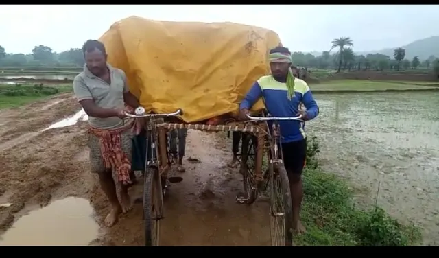 ସ୍ୱାସ୍ଥ୍ୟ ସେବାର ବିକଳ ଚିତ୍ର: ସାଇକେଲ ବନ୍ଧା ଖଟିଆରେ ବୁହା ହେଲେ ଗର୍ଭବତୀ ମହିଳା