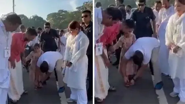 ପଦଯାତ୍ରା ବେଳେ ଛୋଟ ଝିଅକୁ ଚପଲ ପିନ୍ଧାଇଦେଲେ ରାହୁଲ