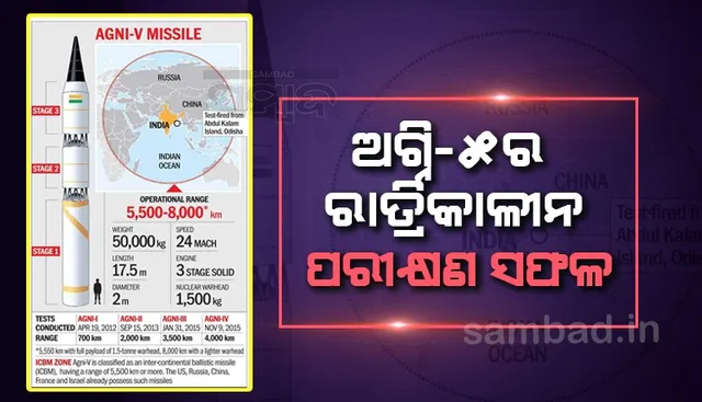 ଅବଦୁଲ କଲାମ ଦ୍ବୀପରୁ ଅଗ୍ନି-୫ ବାଲାଷ୍ଟିକ କ୍ଷେପଣାସ୍ତ୍ରର ସଫଳ ପରୀକ୍ଷଣ