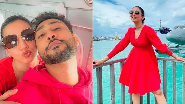 মালদ্বীপের নীল সমুদ্র সৈকতের সামনে লাল পোশাকে নজরকারা গৌহর