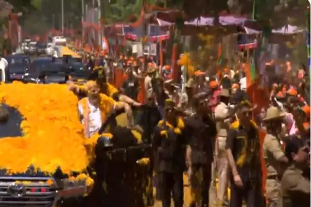 Ahead of election, PM Modi receives shower of flowers