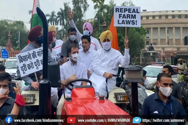 ट्रैक्टर लेकर संसद पहुंचे राहुल गांधी