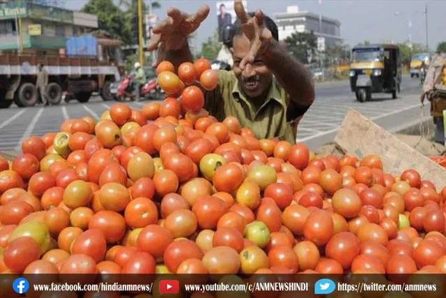 थोक बाजार में जमीन पर गिरे टमाटर के दाम