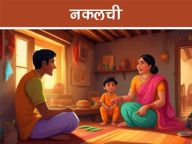 cartoon image of indian village boy with his parents
