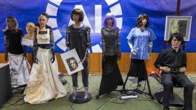 Press conference of AI-powered robots - is a bright future possible without human emotions