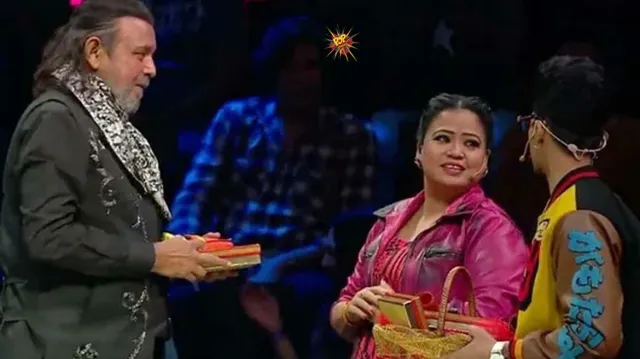 Mithun Chakraborty on the set of Hunarbaaz makes fun of Harsh and Bharti Singh.