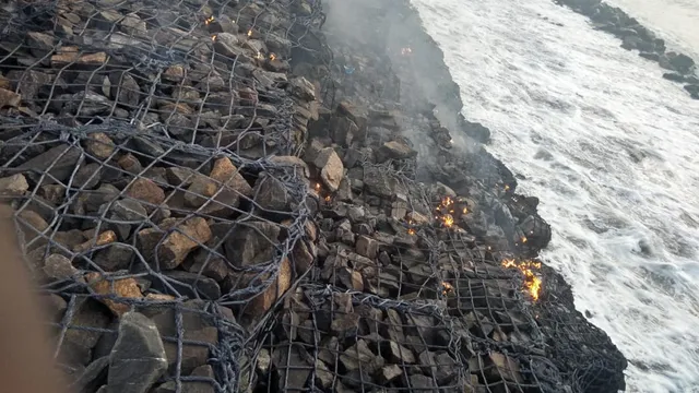 Geo-tube sea wall catches fire in Odisha