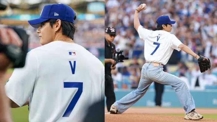 OT7 forever” – Internet reacts to BTS' Taehyung's No.7 jersey at Dodgers  first pitch amidst viral fan-made '95 customized shirts