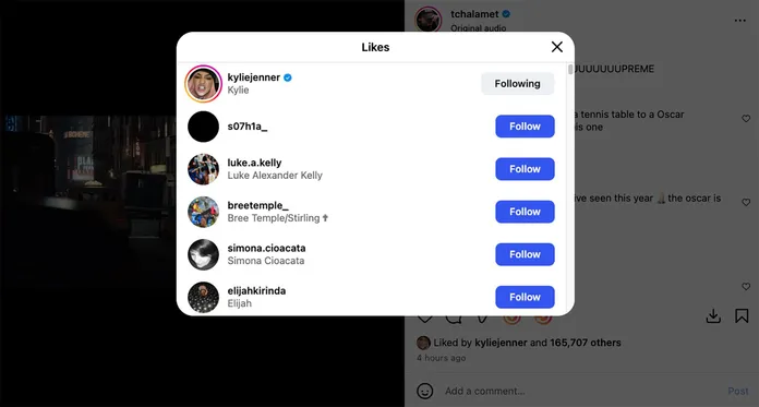 Kylie Jenner's Instagram account is shown as following Timothée Chalamet's account.