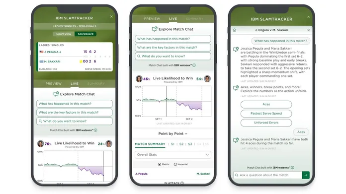 Three mobile screens from the Wimbledon 2025 Slamtracker app