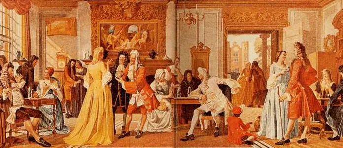 A chocolate house in London, circa 1708.