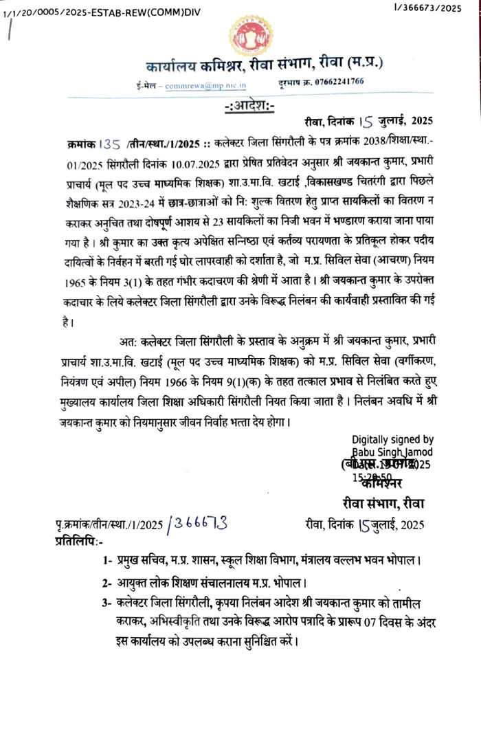 Singroli Principal suspended