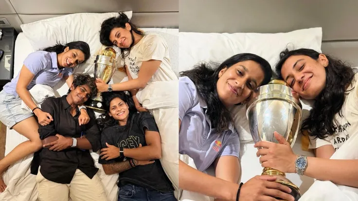 JEMIMAH RODRIGUES SMRITI MANDHANA SHARES PICTURES WITH TROPHY WOMENS WORLD CUP FINAL INDIA