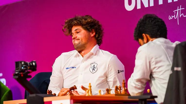 Magnus Carlsen reacts after resigning against Gukesh in a rapid game at the SuperUnited Rapid and Blitz Croatia 2025 in Zagreb on Thursday. (PHOTO: Grand Chess Tour via Lennart Ootes)