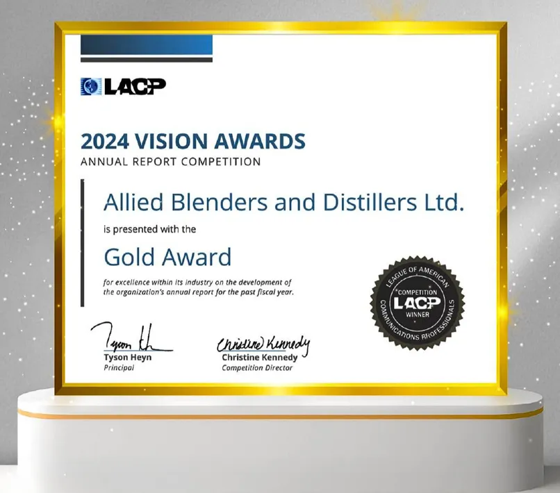 Allied Blenders and Distillers Ltd. (ABD) has won the gold medal at the 2024 Vision Awards Annual Report Competition (Summer 2025