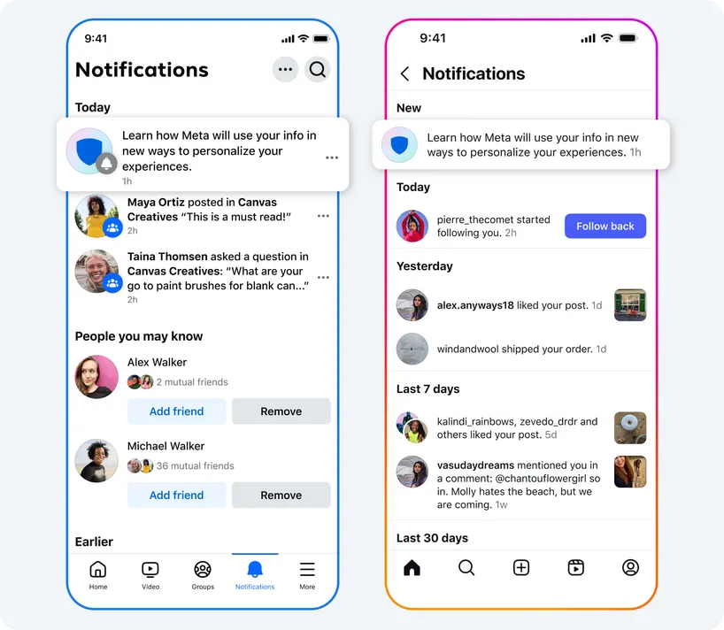 Examples of notifications seen on Instagram and Facebook