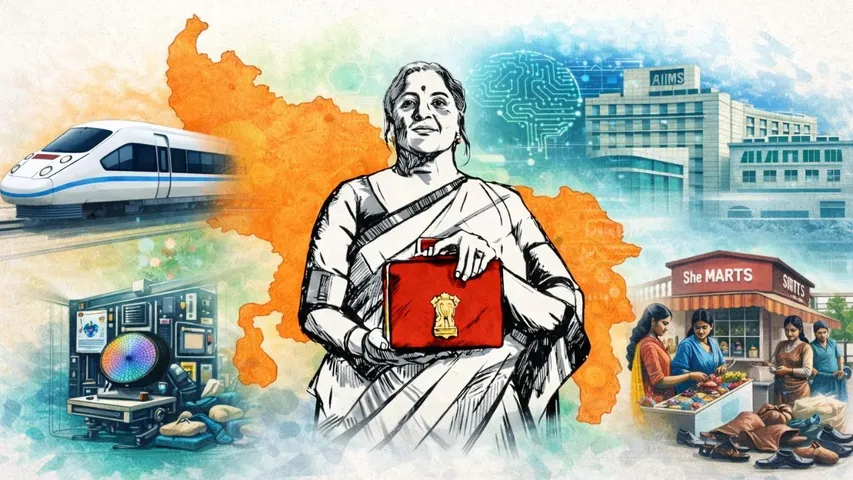 Budget 2026 Nirmala Sitharaman Semiconductor Park Jewar varanasi delhi mumbai high Speed rail corridor She Mart Semi conductor park hindi zxc