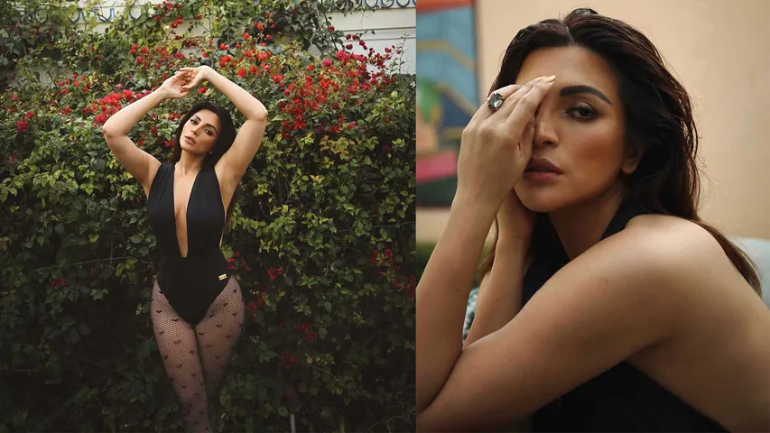 Shama Sikander sizzling  in a v-neck black monokini