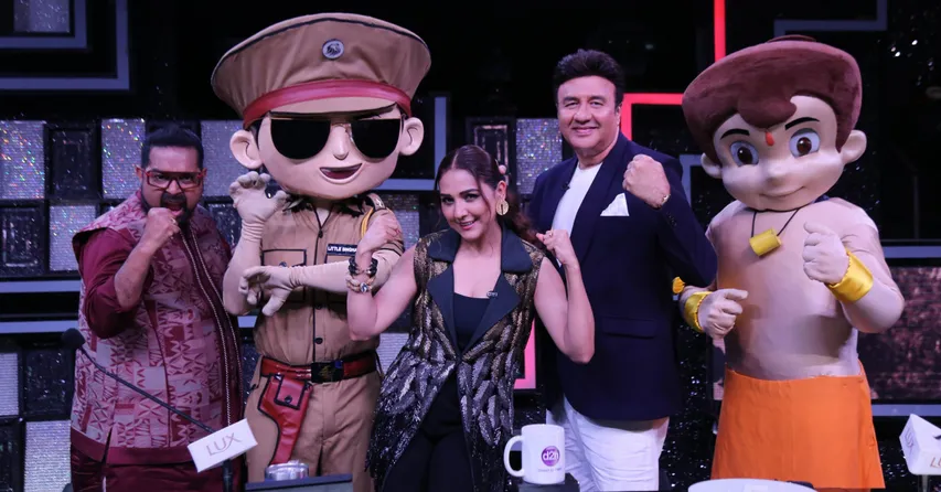 Little Singham and Chhota Bheem with the judges Shankar Mahadevan, Neeti Mohan and Anu Malik on Sa Re Ga Ma Pa Li'l Champs