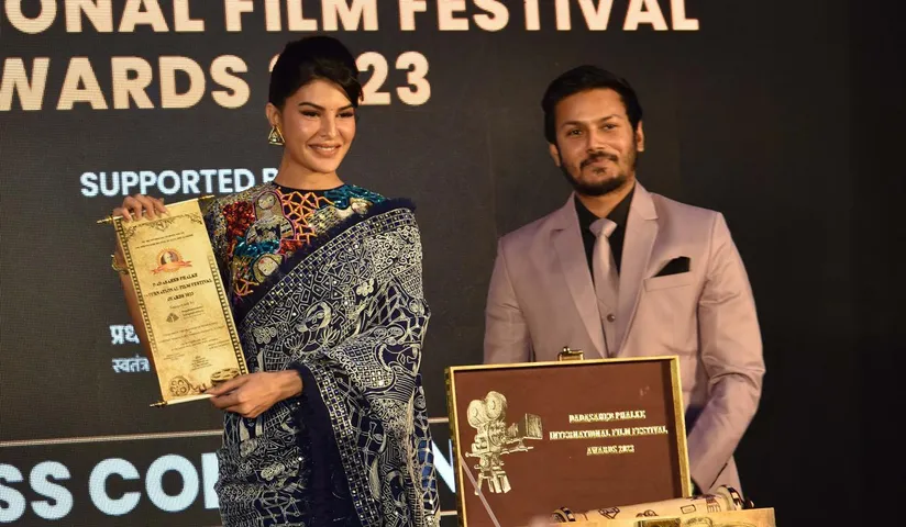 Actors Jacqueline Fernandez, Aditya Raoy Kapur and Sharman Joshi during the Press Conference of Dadasaheb Phalke International Film Festival Awards 2023 in Mumbai on Sunday