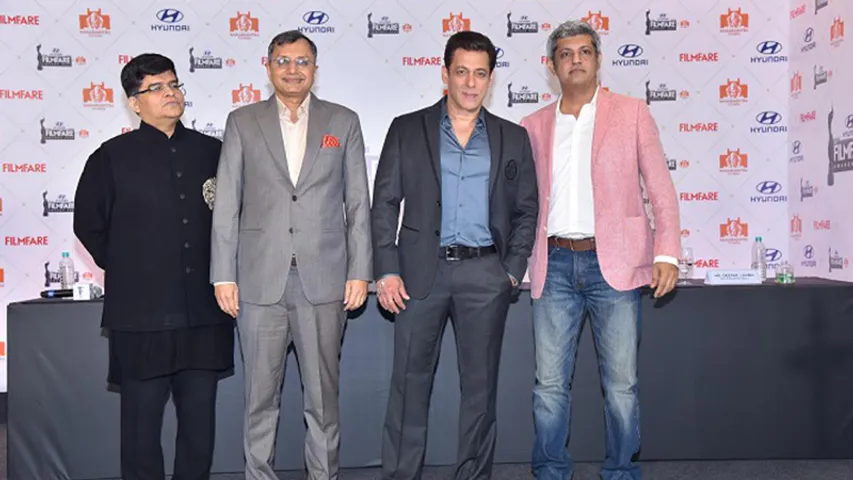 Mr. Jitesh Pillaai, Editor – Filmfare, Mr. Tarun Garg, COO – Hyundai Motor India, Megastar Salman Khan and Mr. Deepak Lamba, CEO - Worldwide Media at press conference of the 68th Filmfare Awards (1)