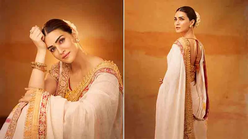 Kriti Sanon wears a double draped saree by Abu Jani Sandeep Khosla for Adipurush Trailer Launch 5 (1)