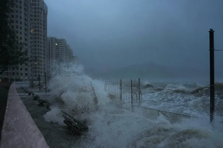 Waves triggered by Super Typhoon Ragasa shatter glass doors, flood Hong Kong hotel lobby