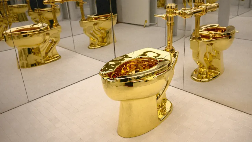 A striking piece of contemporary art, a fully usable toilet made of 18-carat gold, has sold for $12.1 million.