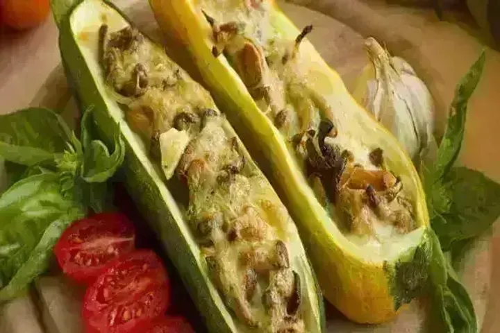 Quinoa stuffed zucchini in Sago sauce Recipe: A quick and delicious delicacy made with the goodness of zucchini, quinoa, sago, almond milk and veggies