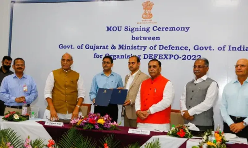 Defence Minister Rajnath Singh reviews Defence Expo 2022 preparedness at Kevadia in Gujarat