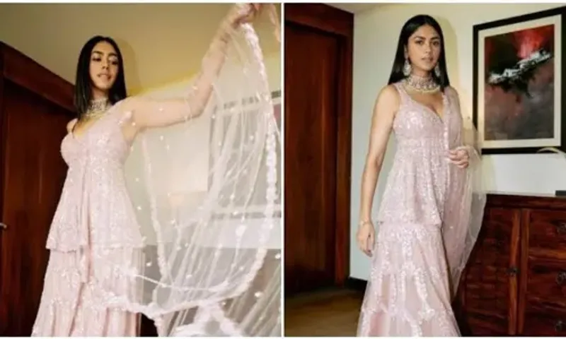 Mrunal Thakur, in a pastel pink ethnic ensemble