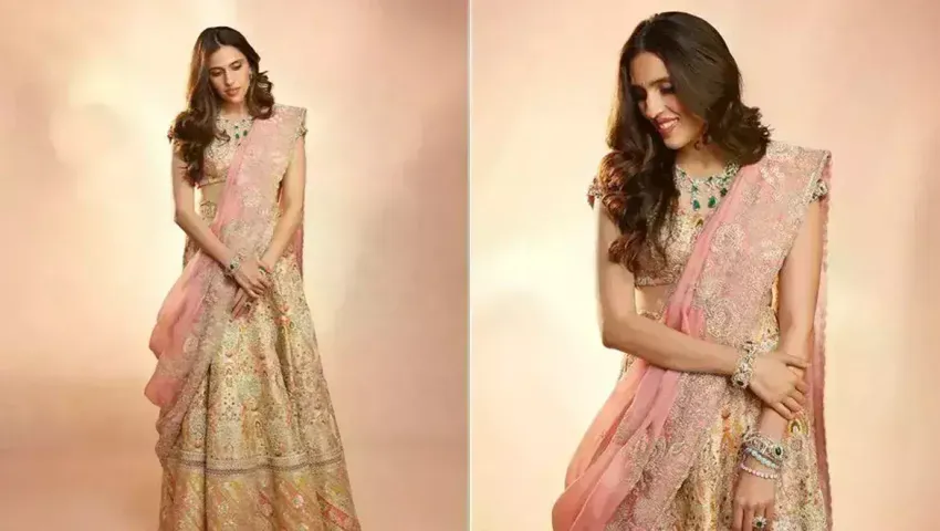 Shloka Mehta's golden Anamika Khanna lehenga for Anant-Radhika's pre-wedding festivities is a fashion lesson in ethnic elegance