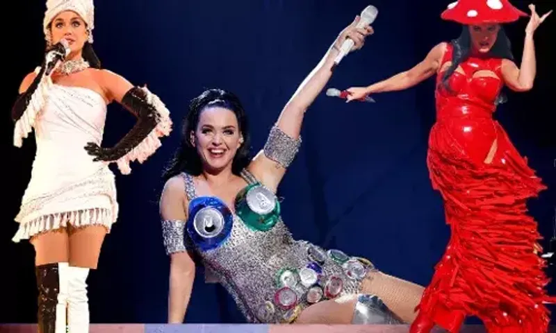 Katy Perry's wild look at Las Vegas show, served up outrageous outfits from a can-dress to a feathered rainbow train