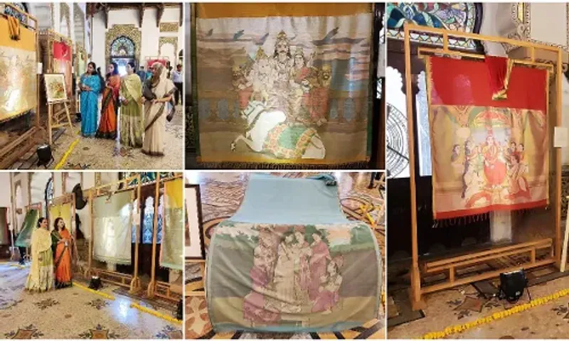 Exhibition of 34 paintings of Raja Ravi Varma on pallus of hand woven saris at Darbar Hall