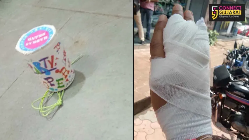 A Chinese made party bomber blast in the hand of a person in Vadodara