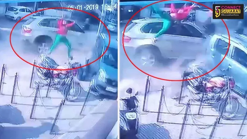 Rashly driven BMW car knocked three two wheelers in Vadodara