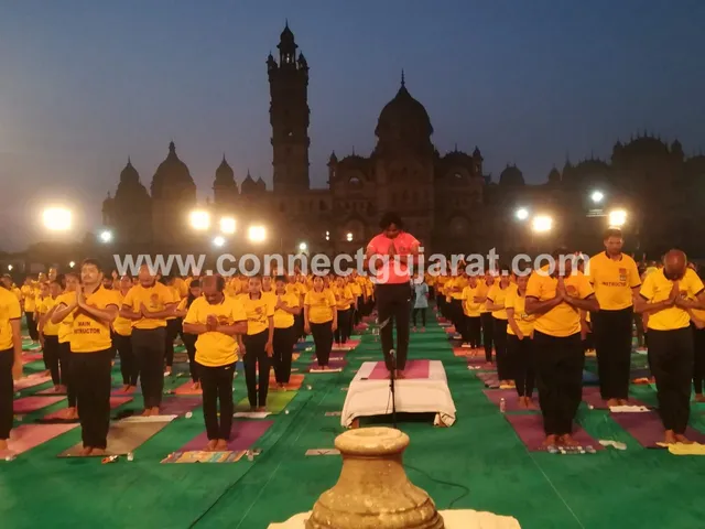 Over 1000 people perform Surya Namaskar inside magestic Lakshmi Villas Palace