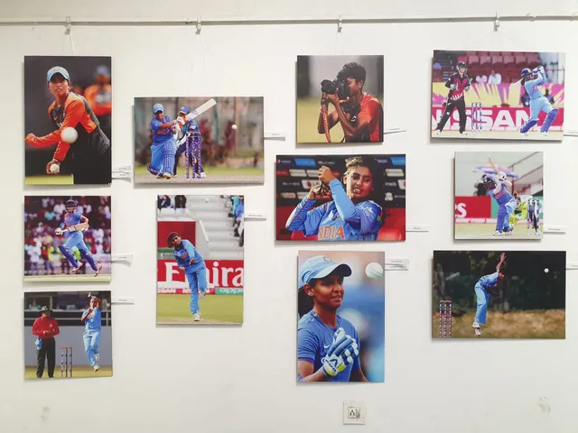 Photo display of historic and beautiful moments of Indian women cricketers inside faculty of Fine Arts